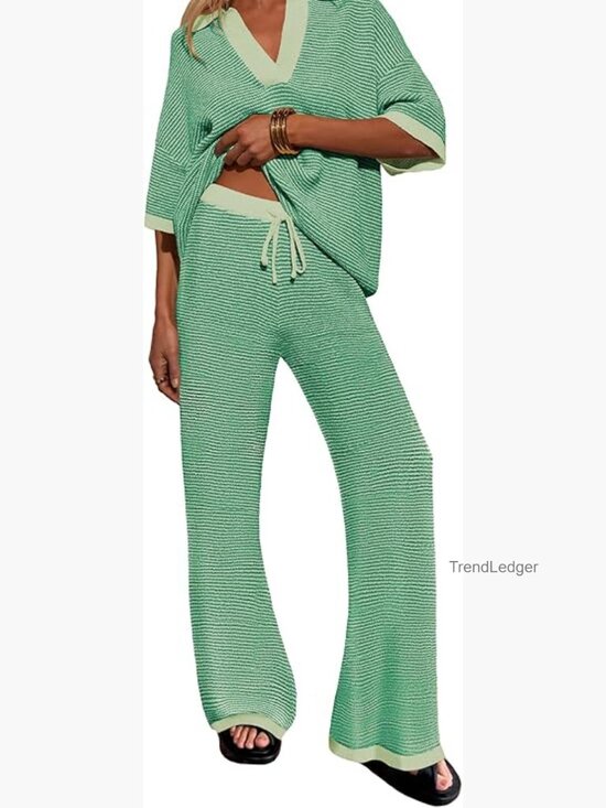 Pants - 2 Piece Lounge Set Oversized V Neck Top High Waisted Pants